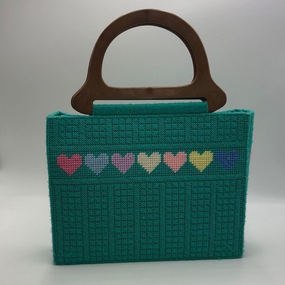 Vintage Handcrafted yarn & plastic canvas tote bag w/plastic handles and hearts